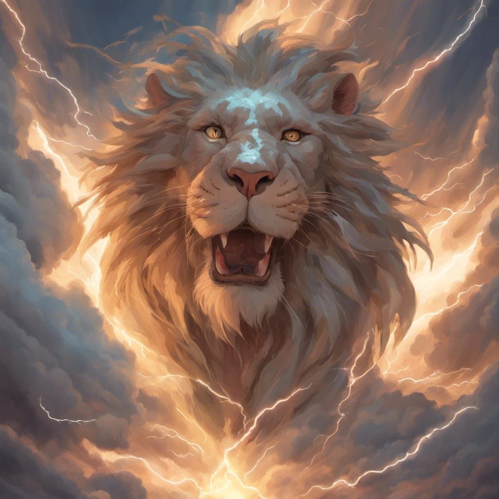 Lion Cloudscape with Lightning, Hyperdetailed Art