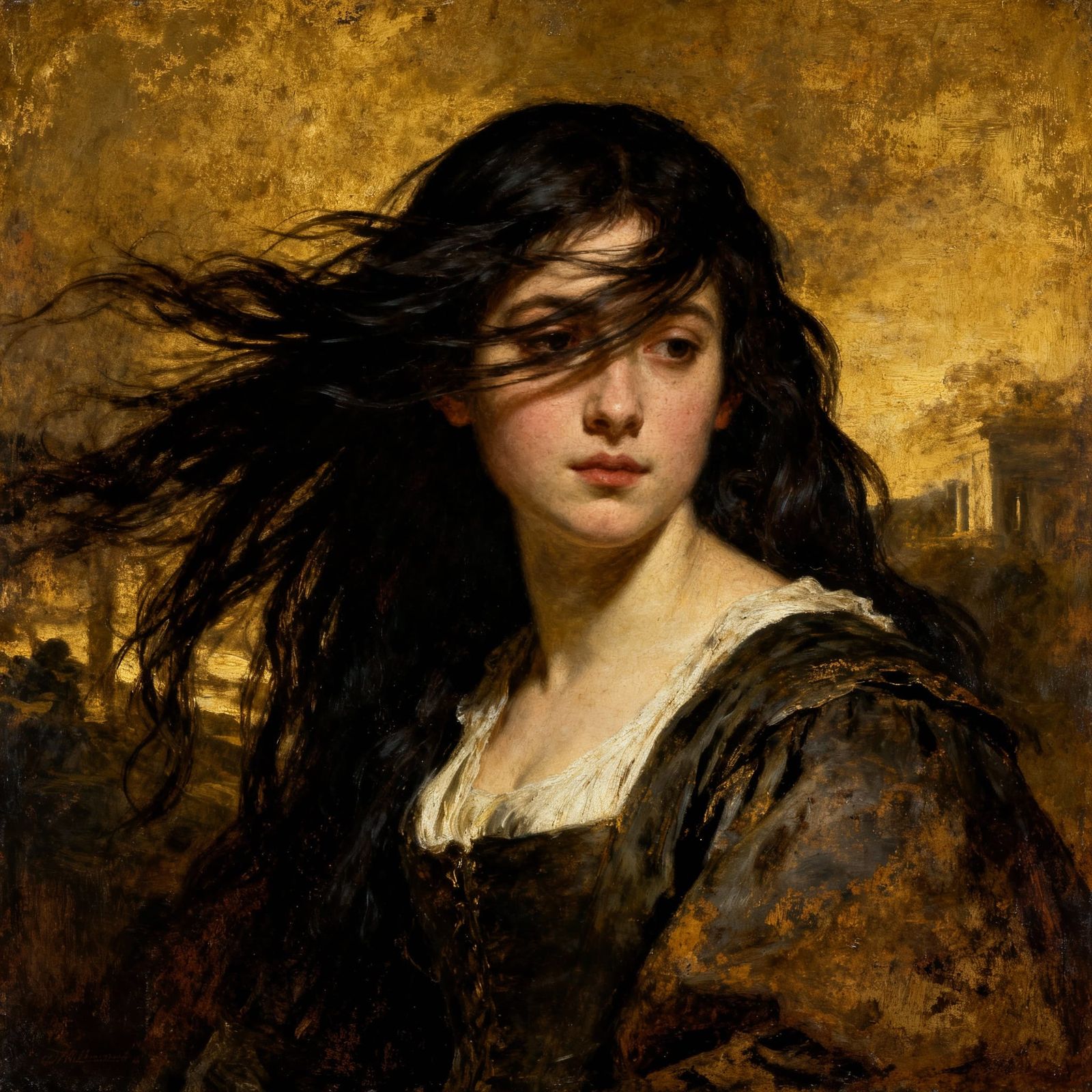 Old Master Portrait of a Woman with Windblown Hair