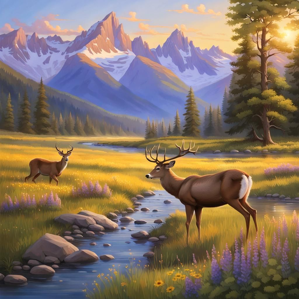 Sunset Meadow with Stream and Mountain Backdrop