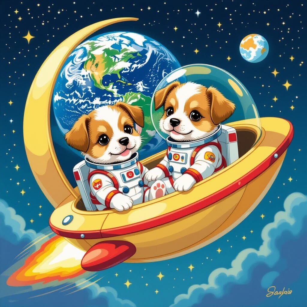 Terrier Puppies in Spaceship, Whimsical Galaxy Art