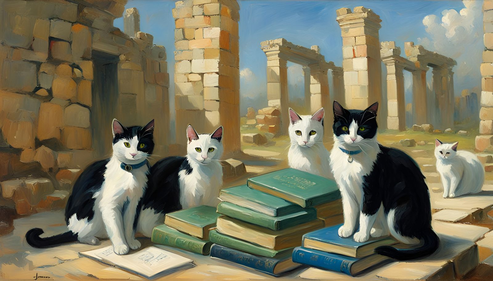 Monochrome Cats Study Books Amid Ancient Ruins