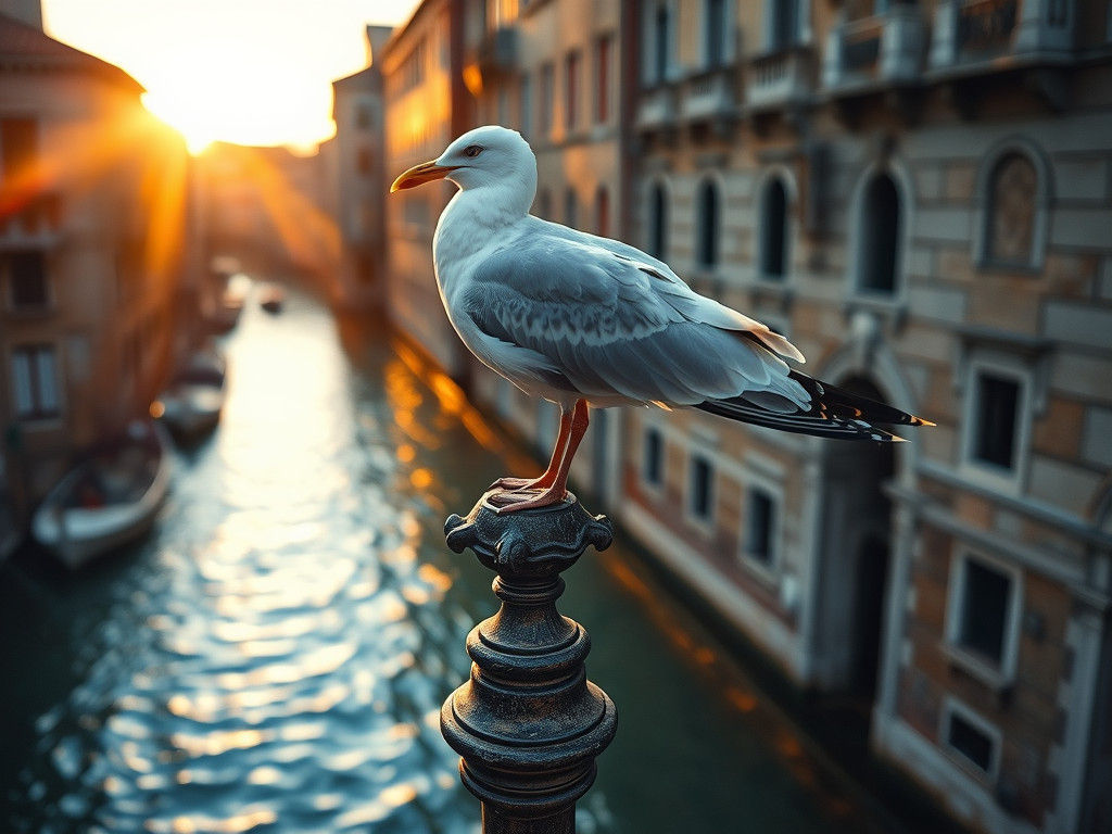 Seagull Overlooking Venetian Canal at Sunset