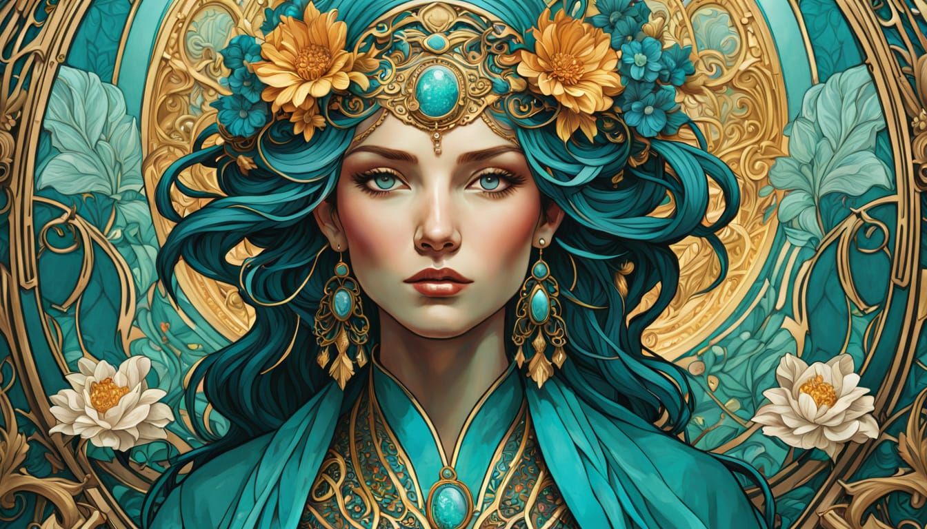 Art Nouveau Goddess in Turquoise and Gold