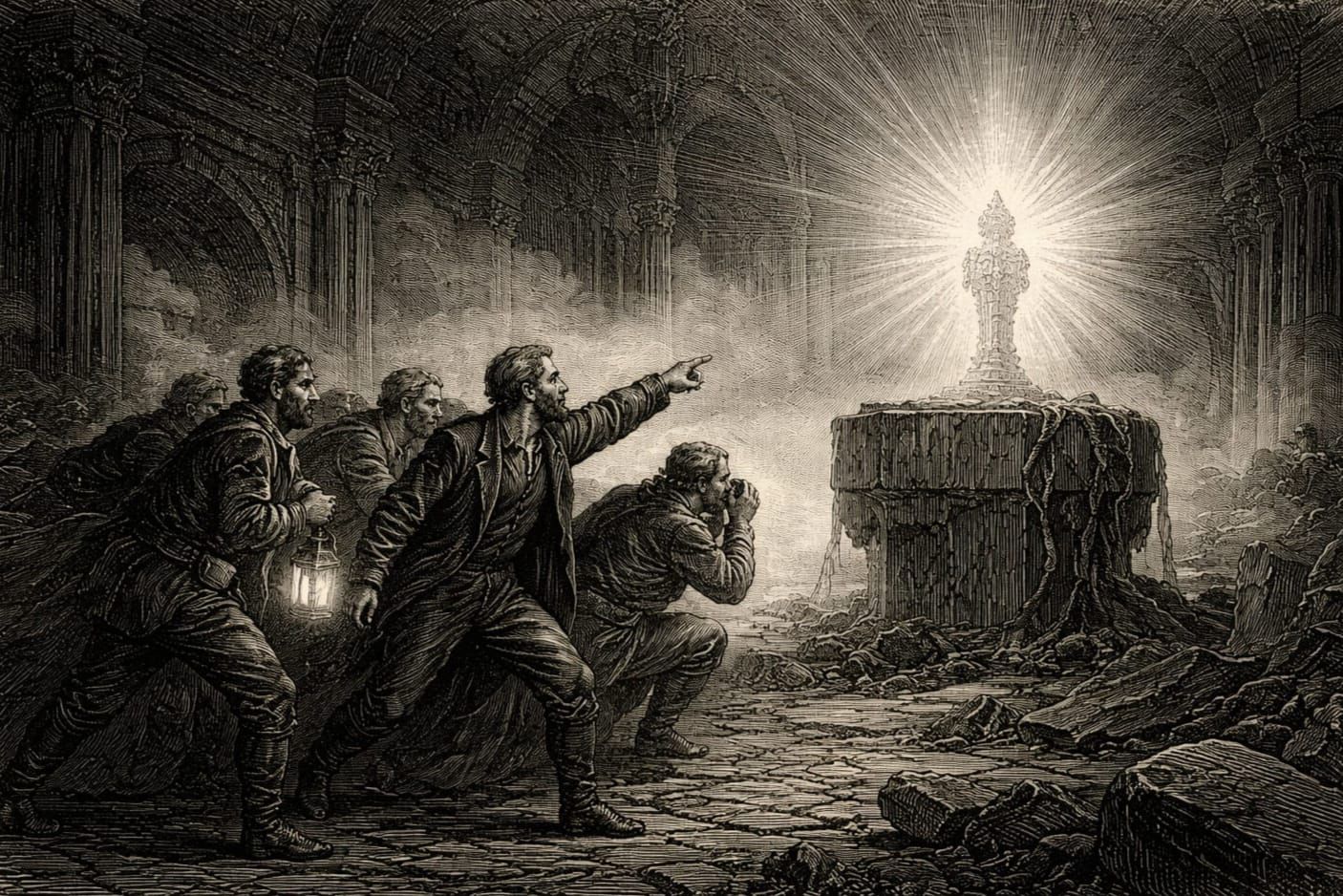 Victorian Engraving: Mysterious Artifact in Shadowy Hall