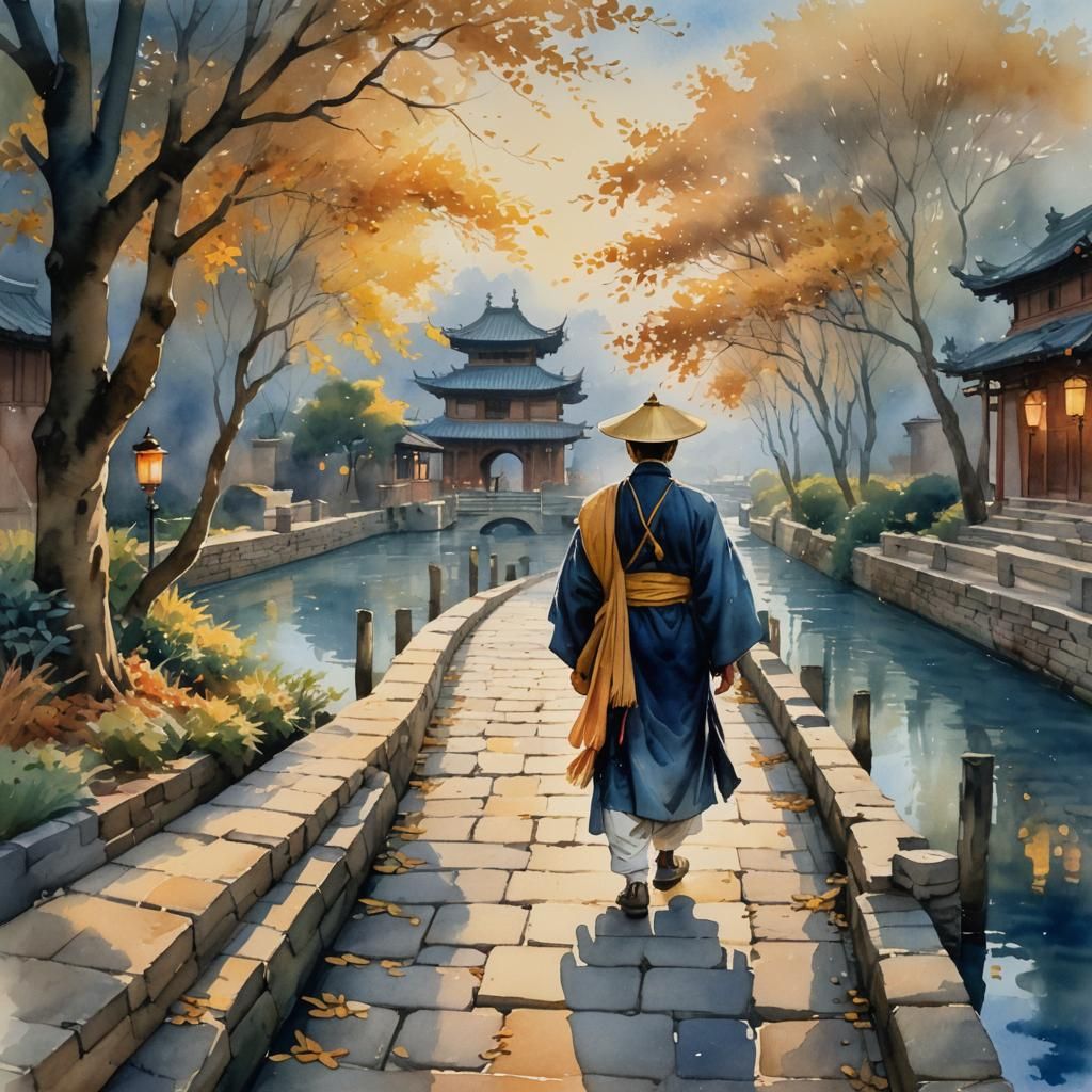 Asian Canal Town at Twilight in Watercolor