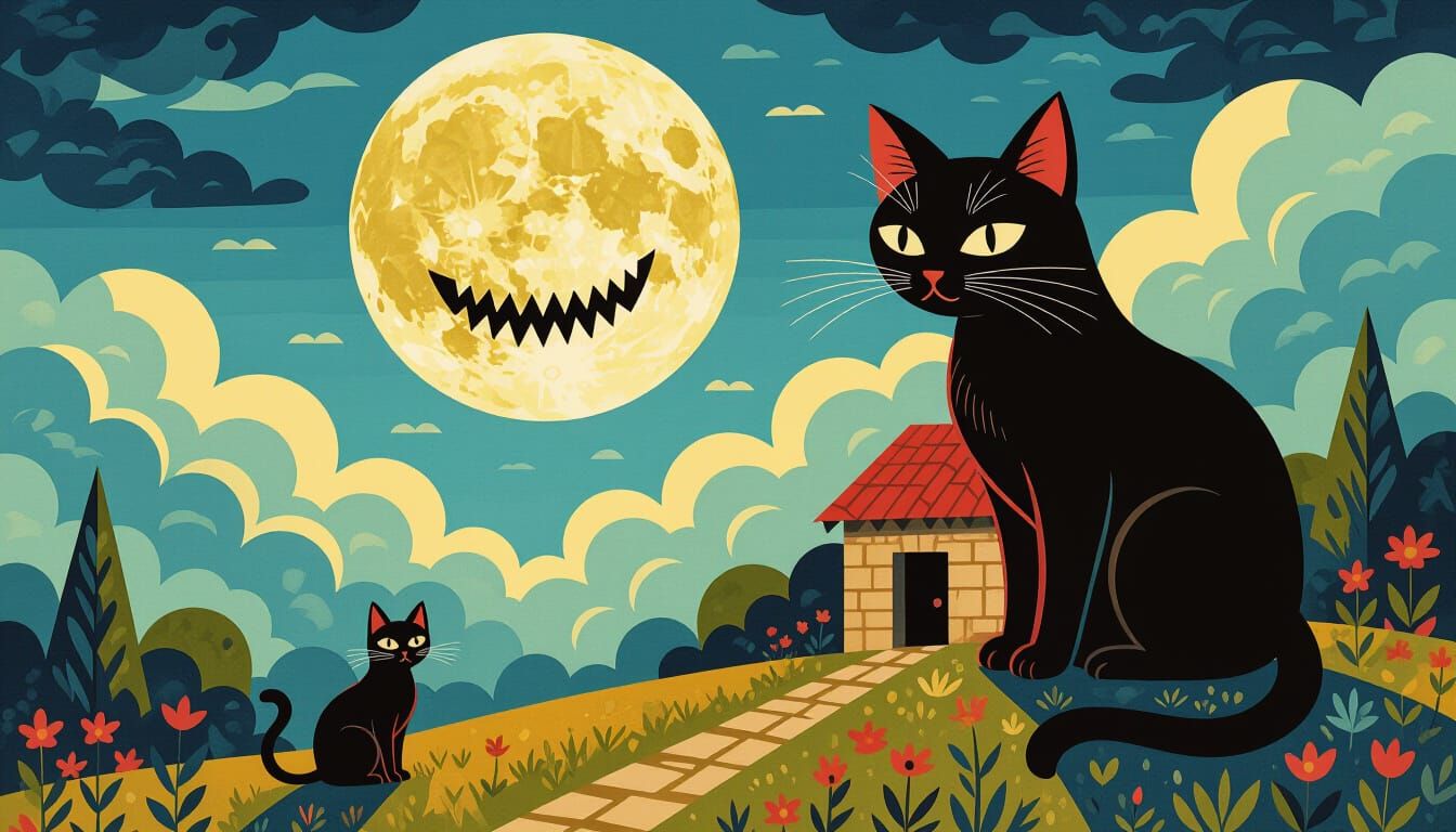 Black Cat and Moonlit Cabin in Horror Cubist Style