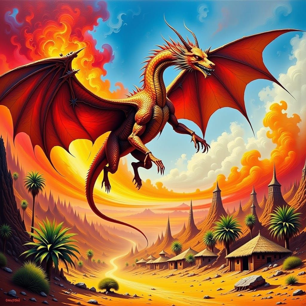 Surreal Desert Fantasy: Majestic Dragon Unleashes Flames on ...