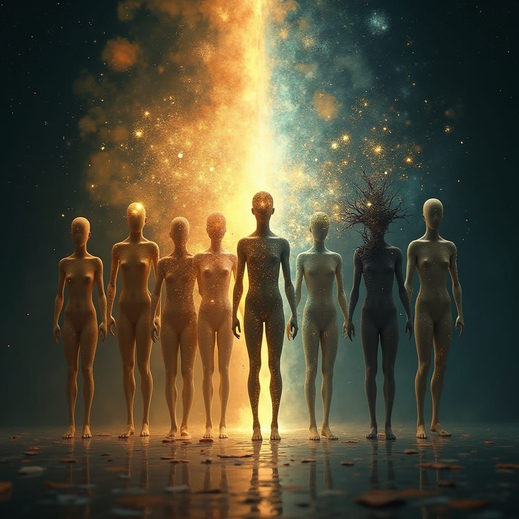 Six Radiant Beings Against Dark Ethereal Background in Futur...