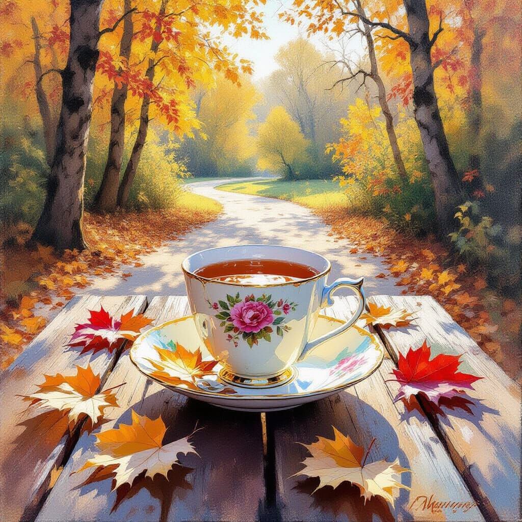 Autumn Teacup in Impressionist Style