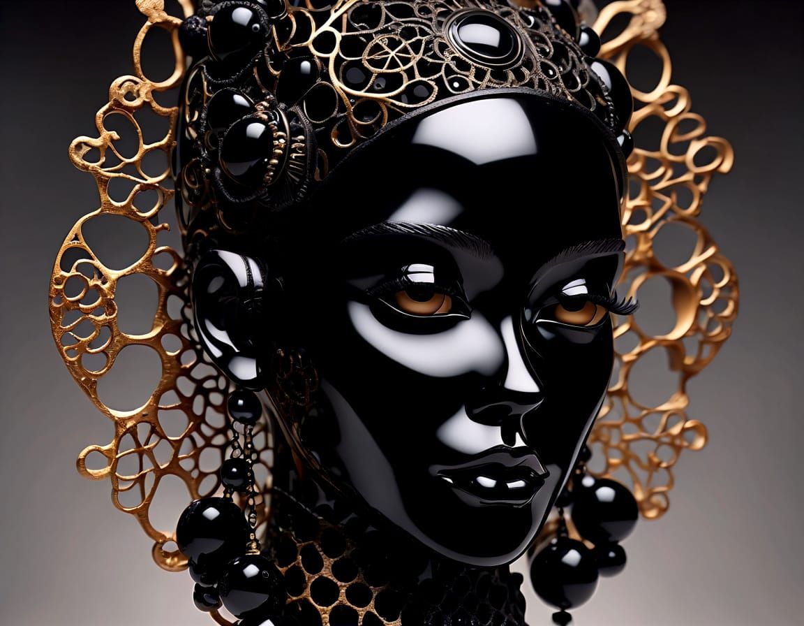 Surreal Black Onyx Goddess with Biomechanical Headdress
