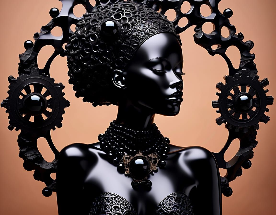 Surreal Black Onyx Goddess with Geometric Mesh and Biomechan...