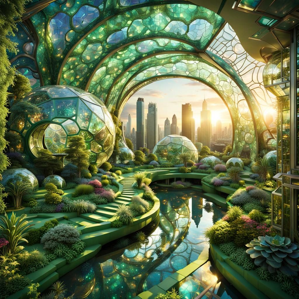 Futuristic Garden Cityscape with Fractal Light and Green Arc...