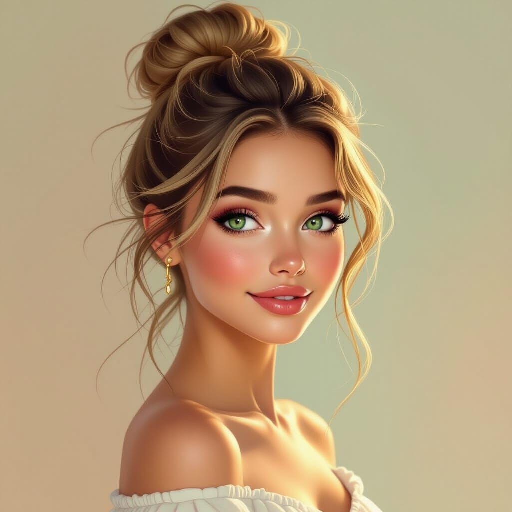 Young Woman with Green Eyes in Pastel Hues