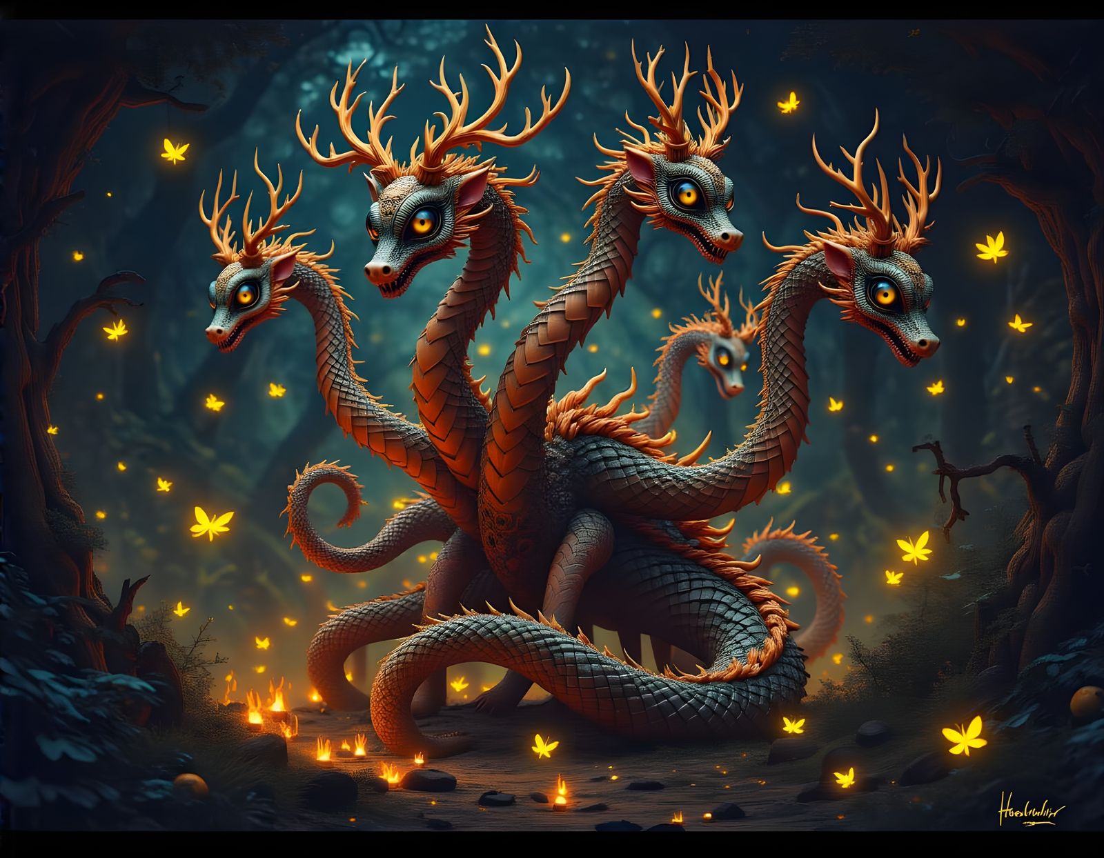 Hydra Monster with Dragon Heads in Maximalist Style