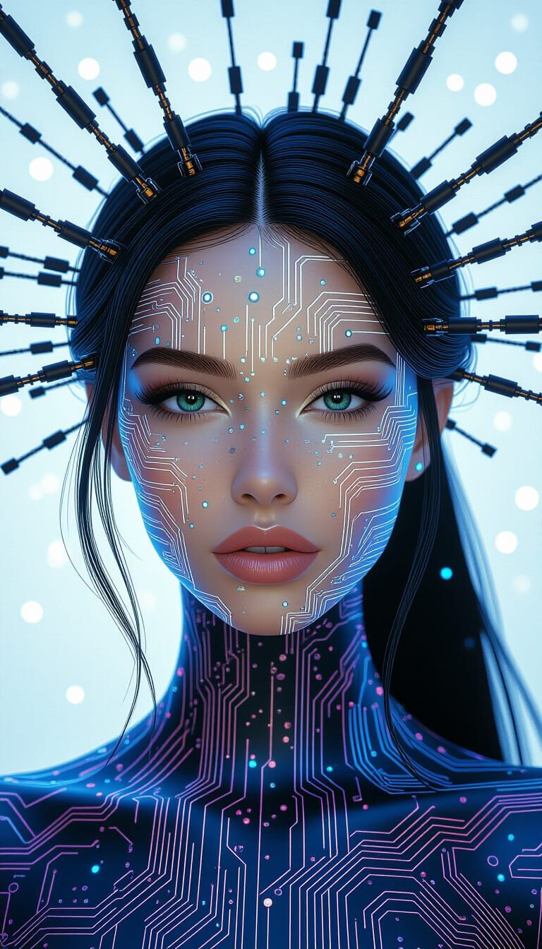 Woman with Circuit Board Skin in Holographic Illustration