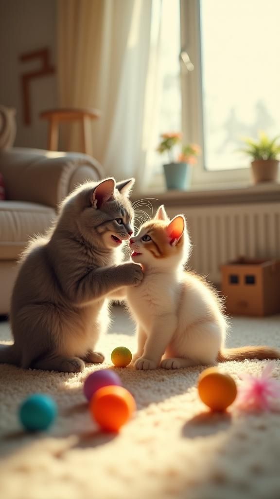 Happy Cat Family Playing in Sunny Living Room