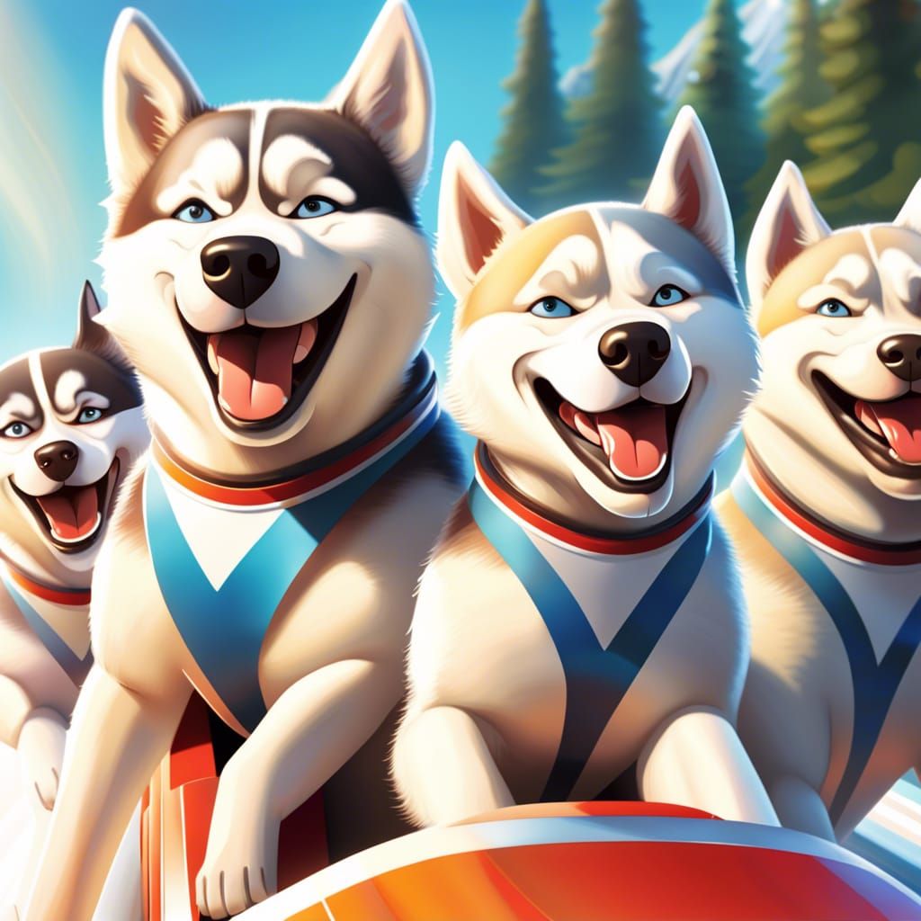 Huskies on a Bobsleigh: Digital Illustration