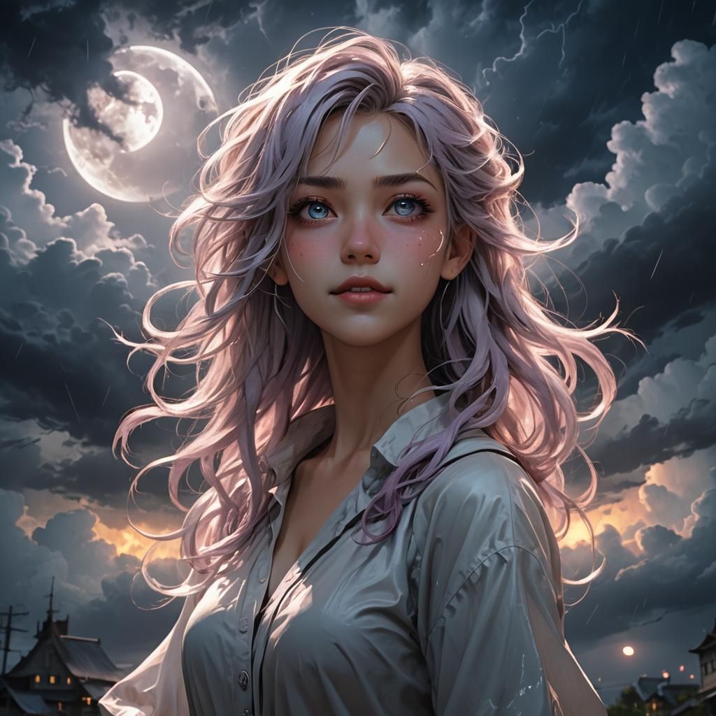 Anime Girl in Stormy Landscape Concept Art