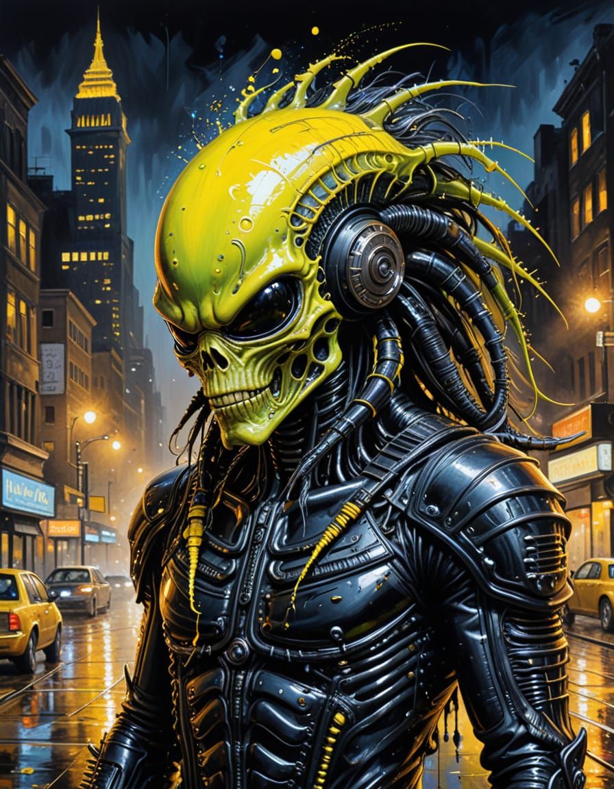 Steampunk Xenomorph in Cityscape, H.R. Giger Style