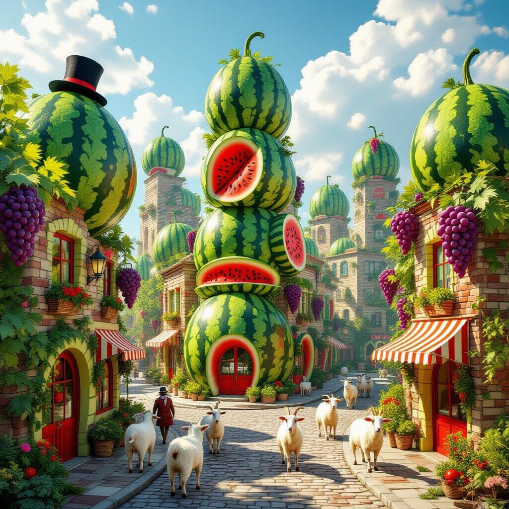 Photorealistic Summer Fruit City with Goats