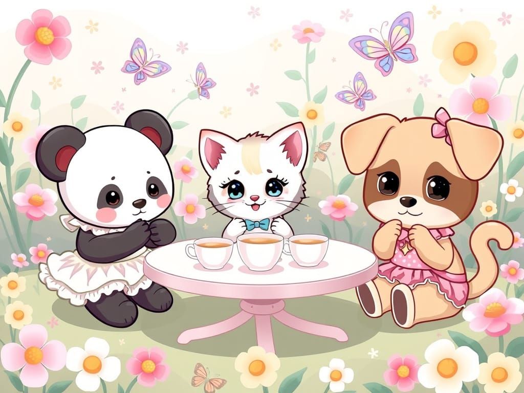 Cartoon Animals' Kawaii Tea Party in Pastel Garden