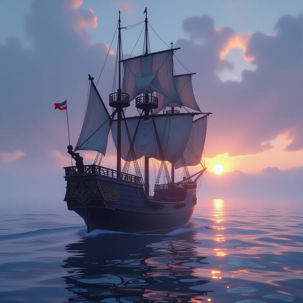 Art Nouveau Ship at Dawn in Misty Ocean