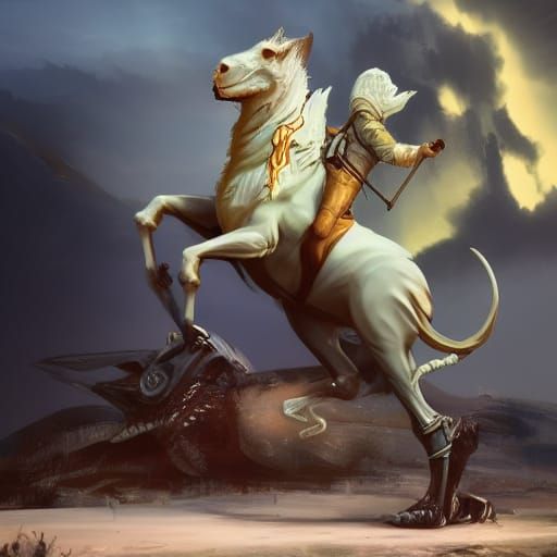 Surrealist Knight riding a strange beast, not getting very far