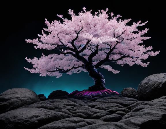 Fluorescent Cherry Blossom Tree on Lava Rock