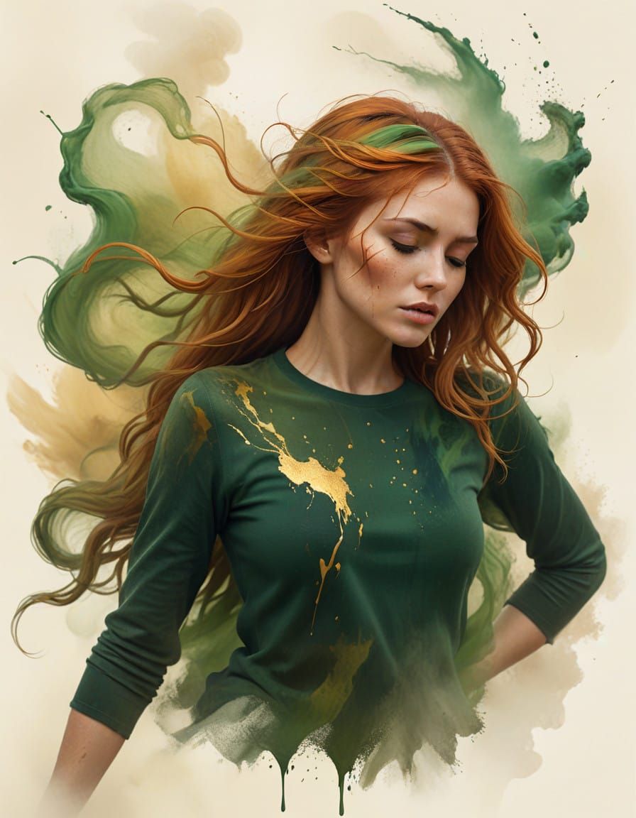 Ethereal Concept Art of a Hazel-Haired Woman in Golden Fog