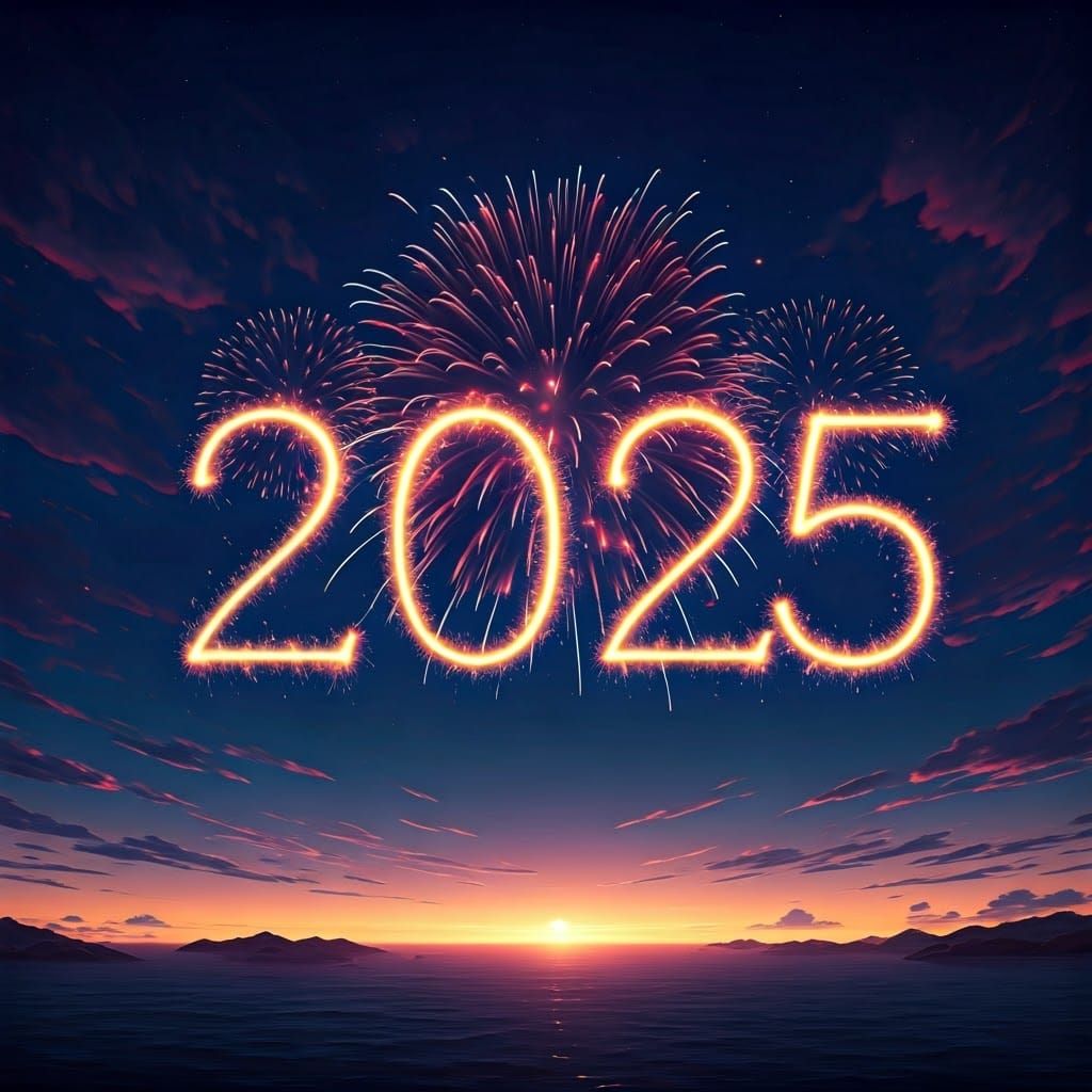 Vibrant Fireworks Explode in 2025 Shape against Dreamlike Bl...
