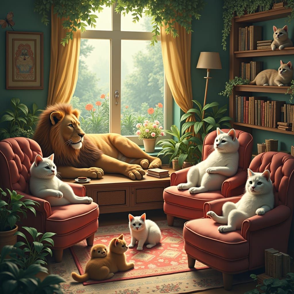 Whimsical Feline Gathering in Dreamlike Fantasy Art