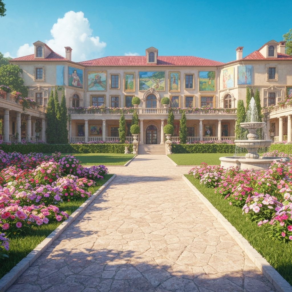Luxurious Villa with Courtyard Fountain in Sunlight