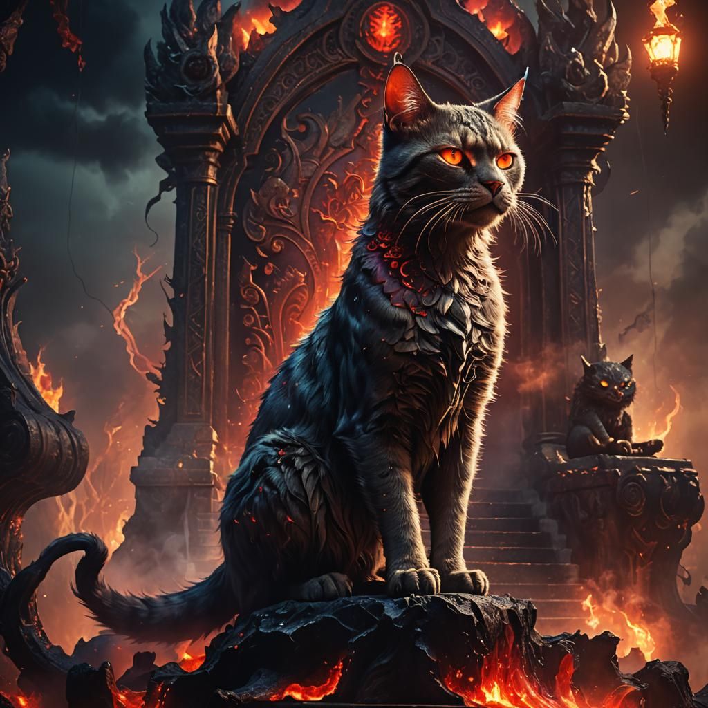 Mystical Demon Cat on Throne in Fantasy Realm