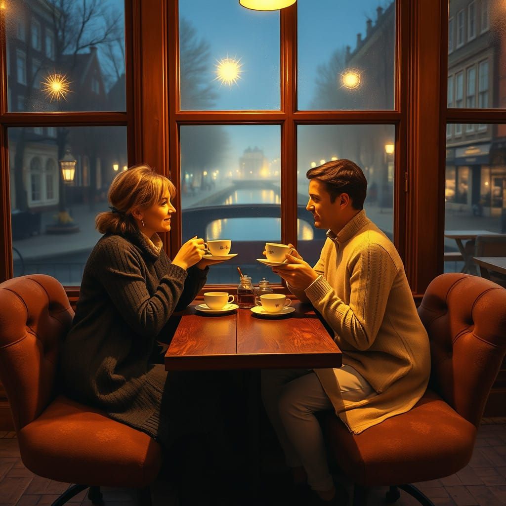 Intimate Evening Scene of a Married Couple in a Cosy Cafe