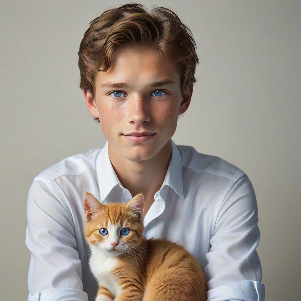 Young Boy with Gentle Smile and Golden Kitten