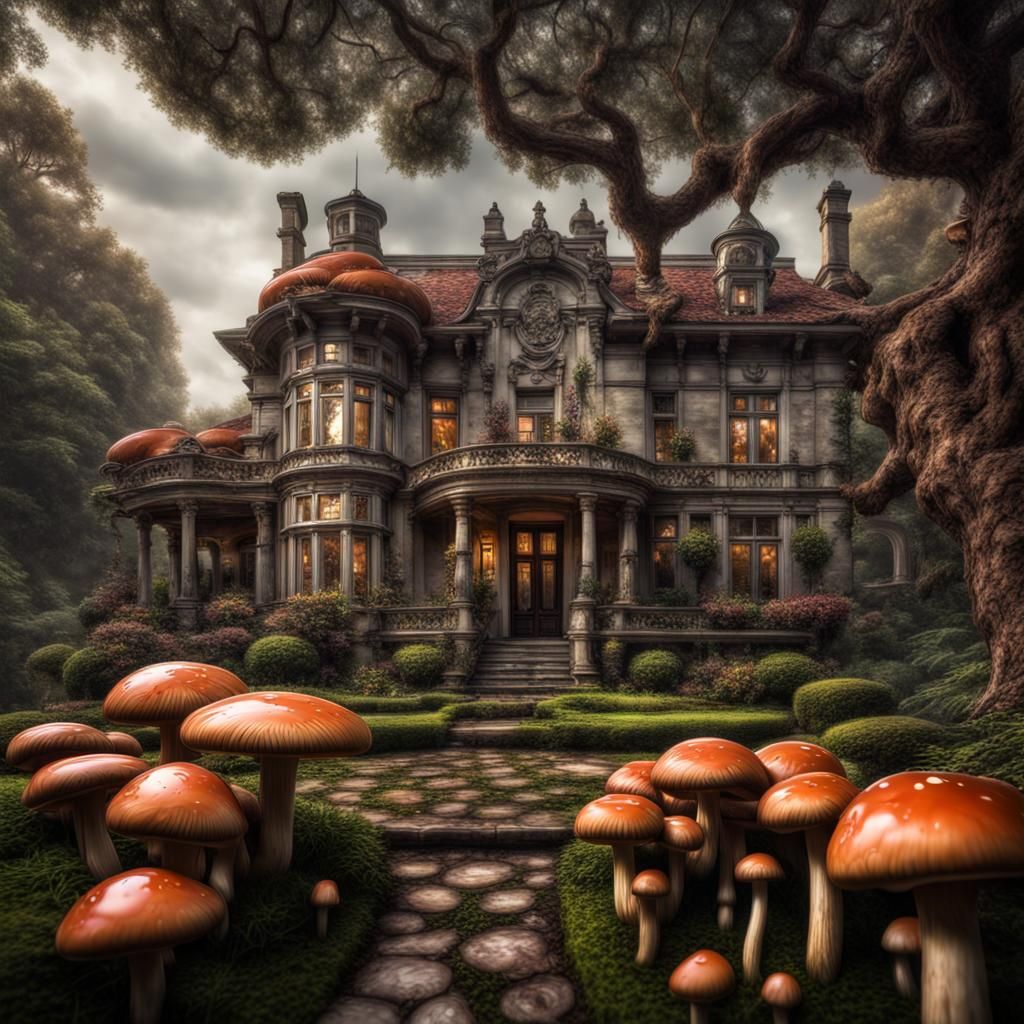 Hyperrealistic Mansion with Dripping Mushroom Garden