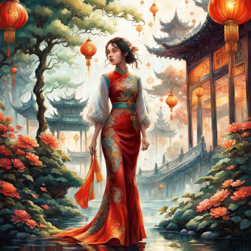 Elegant Woman in Chinese Garden with Golden Snake Patterns