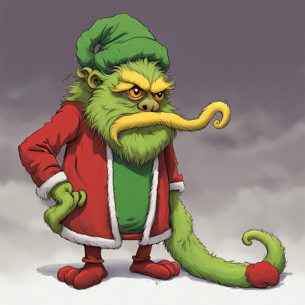 grouchy, green-furred creature with a lean, wiry frame and a potbelly, his face contorted into a perpetual scowl, comple...