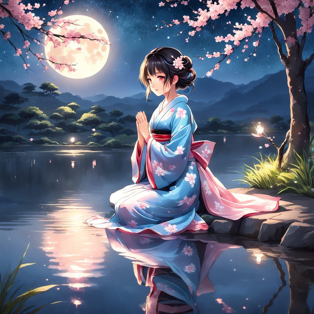 Moonlit Anime Lake with Maiden and Cherry Blossoms