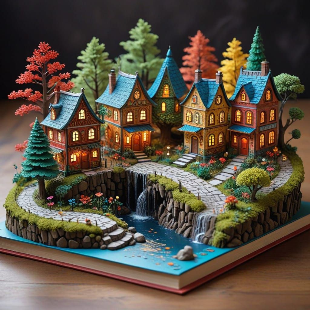 Whimsical Pop-Up Book Cityscape in Painted Illustration Styl...