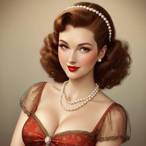 1950s Pin-Up Girl with Rosy Cheeks and Pearls