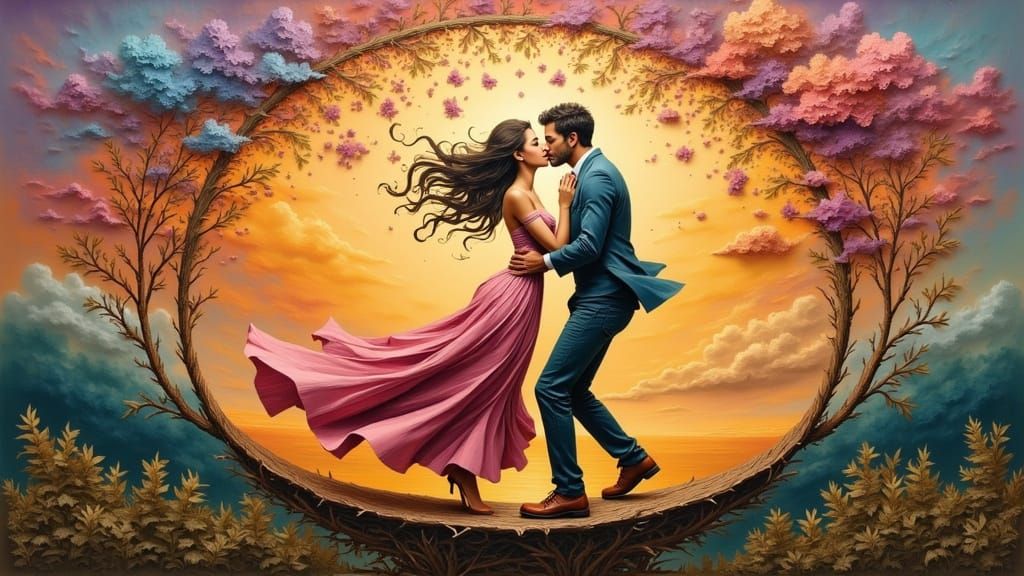 Couple in Love on a Swing, Modern Surrealist Painting