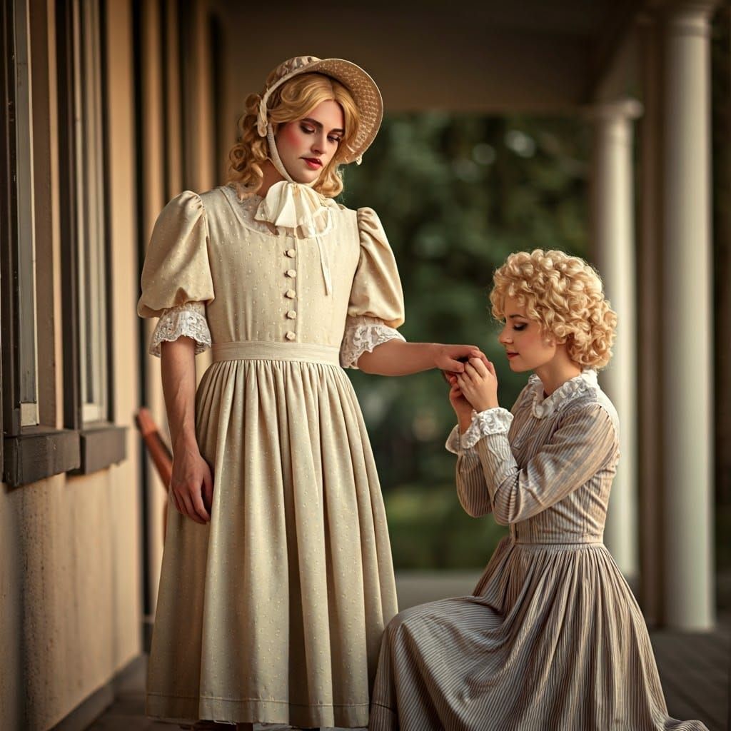 Endearing 19th Century Dressed Young Man in Tender Moment