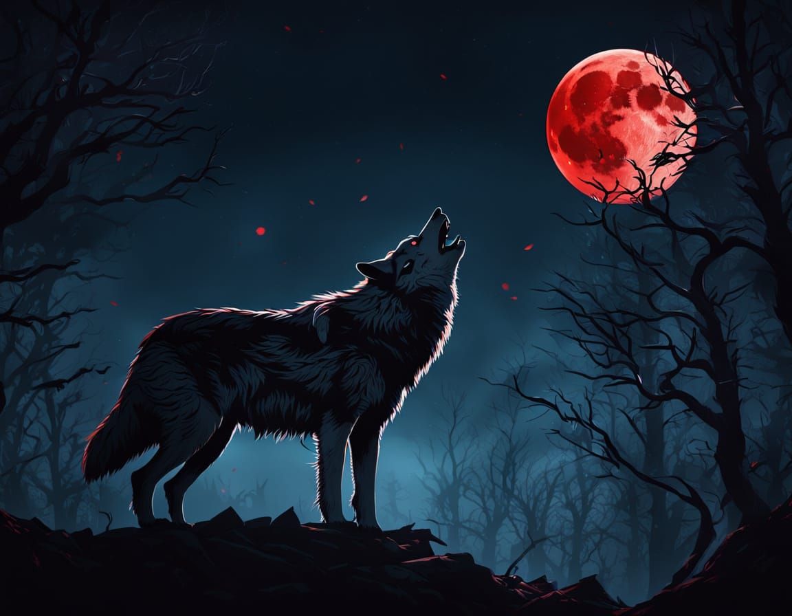 Lone Wolf Howls at Blood Moon in Dark Forest Cinematic