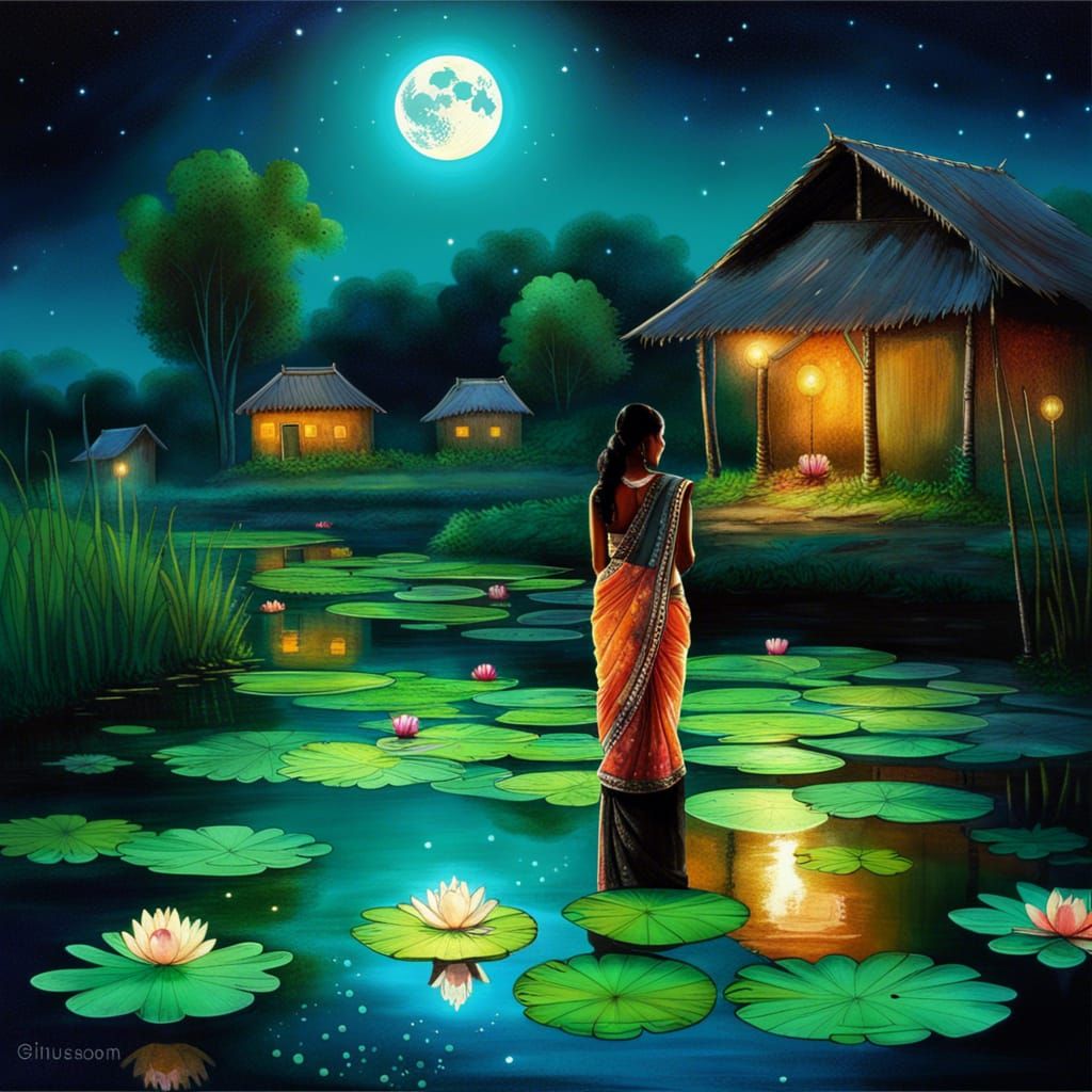 Magical Bioluminescent Village Under Full Moon