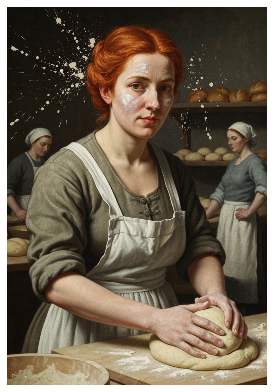 Redhead Baker Kneading Dough in Dramatic Lighting