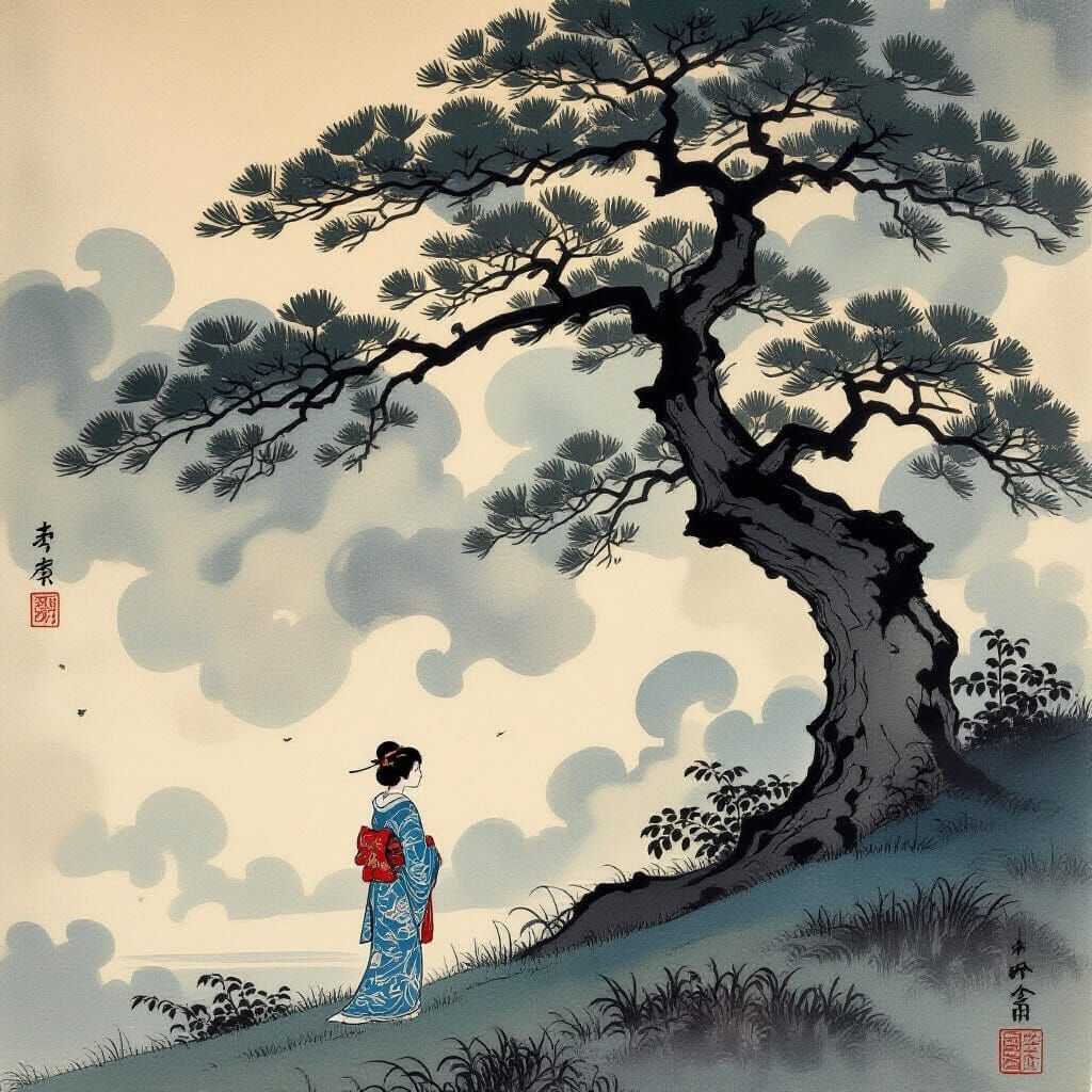 Serene Japanese Scene with Lonely Figure in Ukiyo-e Style