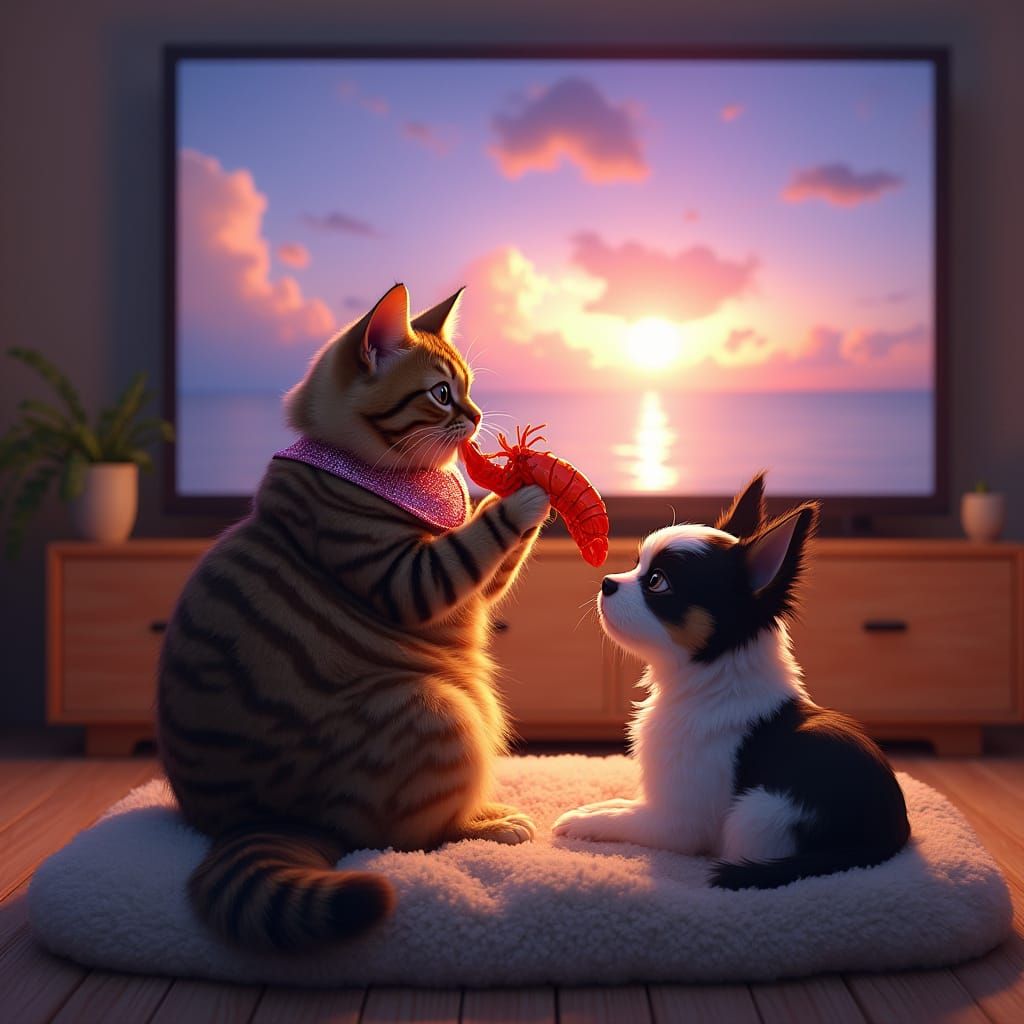 Stylish Cat and Dog Enjoy a Cozy Lobster Dinner in Front of ...