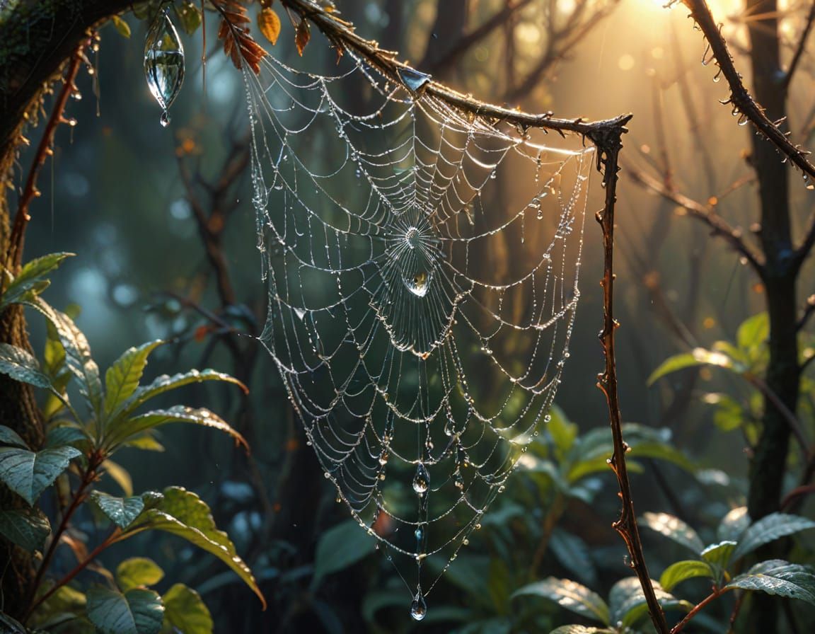 Dewdrop Reflecting Forest: Hyperrealistic Macro Digital Art