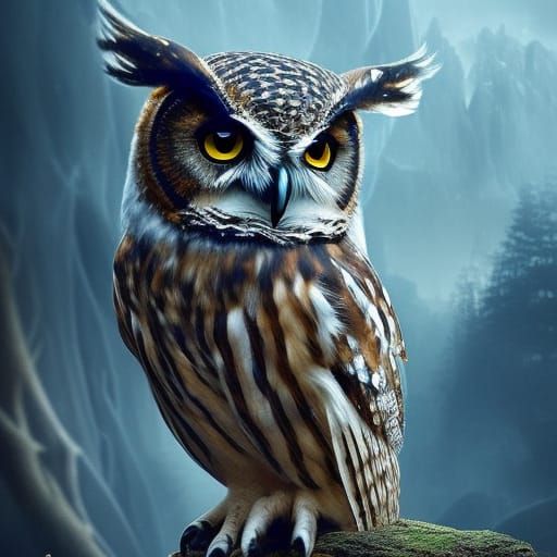 Blue-Eyed Owl in Digital Matte Painting Style